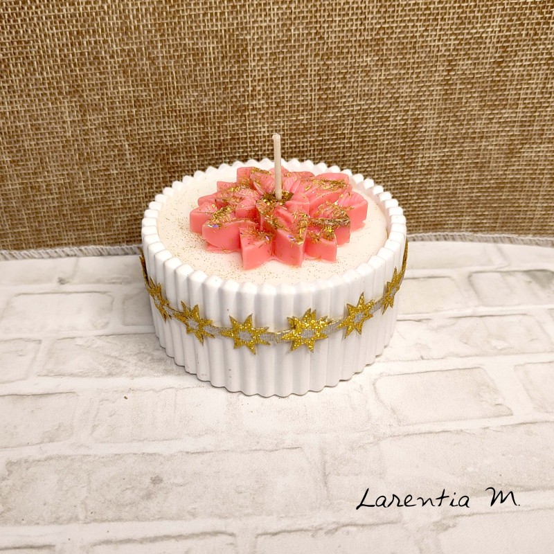 White ceramic pot with a poinsettia vegetable wax candle and "over-candle"