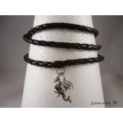 Leather bracelet brown leather, silver dragon