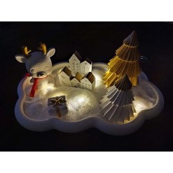 Christmas arrangement on a tray, with string lights