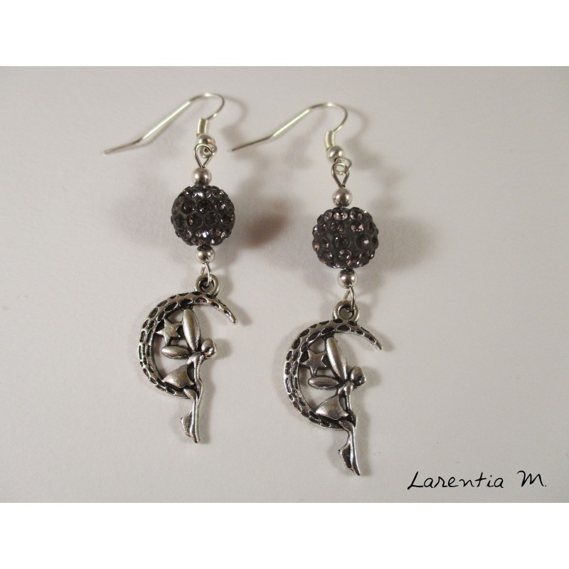 Silver fairy earrings, gray shamballa beads