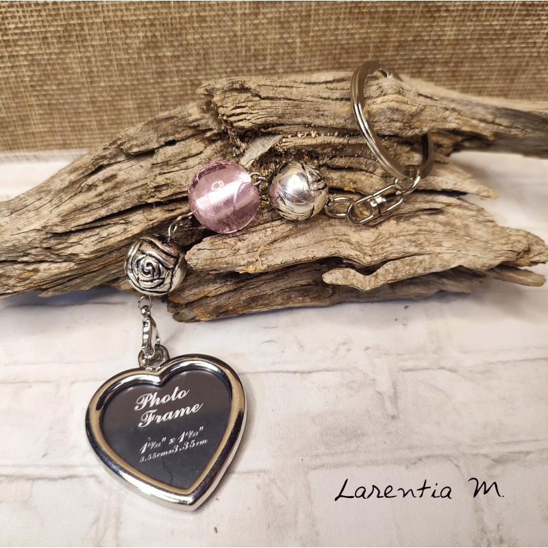 Photo case heart keychain with beads