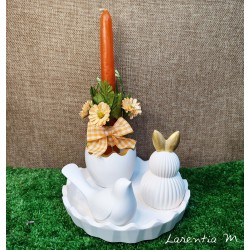 Easter white egg candle holder with candle, flowers and ribbon