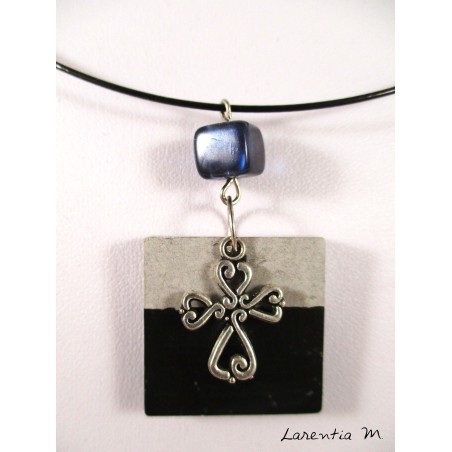 Black crew necklace with square black concrete, silver cross