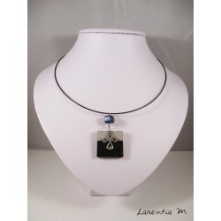 Black crew necklace with square black concrete, silver cross