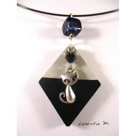 Pendant Necklace "Cat" with black cristal Swarovski pearl on lozenge concrete pad painted black