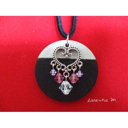Pendant Necklace "Heart" with Swarovski pearls on circle concrete pad painted black
