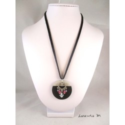 Pendant Necklace "Heart" with Swarovski pearls on circle concrete pad painted black