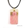 concrete rectangle necklace sequined pink, gold metal leaf and pearl shamballa pink, black leather cord