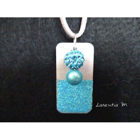 Pendant Necklace with blue Shamballa pearl on rectangle concrete pad painted glitter