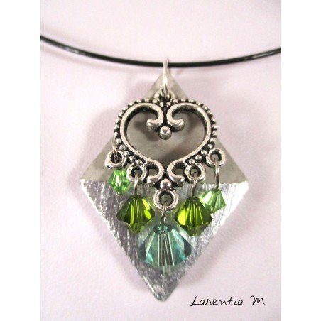 Sterling Silver Diamond Necklace, Heart Connector, Green Swarovski Crystal Beads, Black Rigid Choker