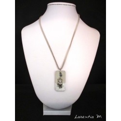 Rectangle concrete necklace, owl pendant on gray pearl