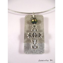 Rectangle silver rectangle necklace, silver cross, gray crystal bead