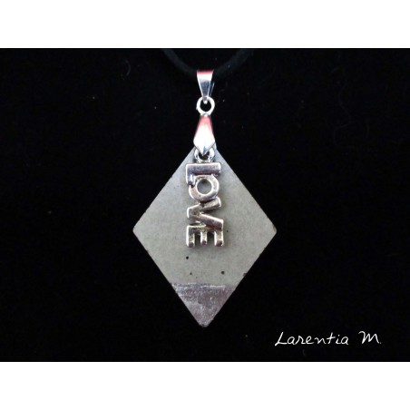 Concrete lozenge necklace, Love silver pendant, black suede cord