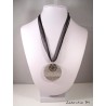 Round silver round necklace, purple shamballa bead and stainless steel ring on ribbon