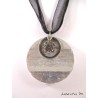 Round silver round necklace, purple shamballa bead and stainless steel ring on ribbon