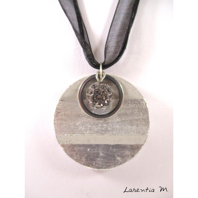 Round silver round necklace, purple shamballa bead and stainless steel ring on ribbon