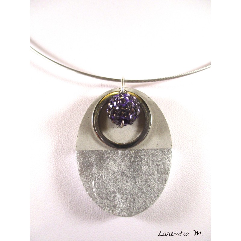 concrete oval necklace, stainless steel ring, purple shamballa pearl, grey metal crew neck