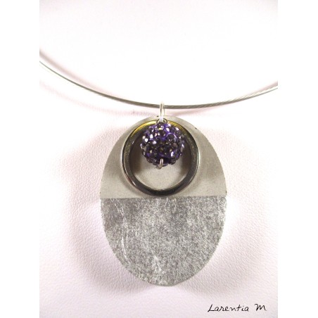 concrete oval necklace, stainless steel ring, purple shamballa pearl, grey metal crew neck