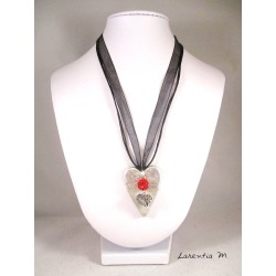 long concrete heart necklace, shamballa red, silver heart, black ribbon