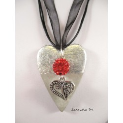 long concrete heart necklace, shamballa red, silver heart, black ribbon