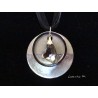 Round concrete necklace, Swarovski crystal heart, stainless steel ring, ribbon and black cotton cord