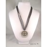 Round concrete necklace, Swarovski crystal heart, stainless steel ring, ribbon and black cotton cord
