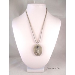 concrete oval necklace, owl pendant on gray pearl gray suede cord