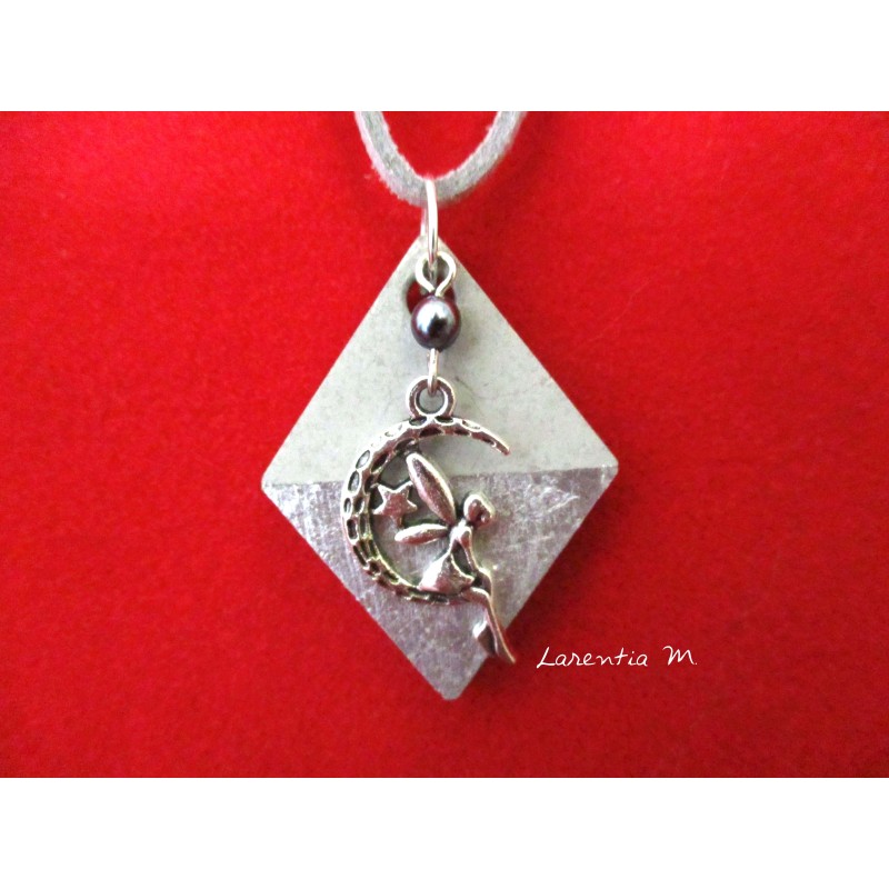 Pendant Necklace "Fairy" with little grey pearl on lozenge concrete pad decorated silver