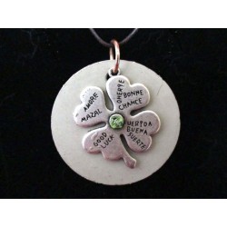 Silver clover concrete necklace / Swarovski green crystal, brown waxed cord