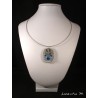 Concrete oval necklace, crystal heart connector and blue Swarovski pearls, flush with stiff neck gray