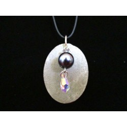 Necklace, pendant with grey waxed beads / Swarovski on concrete pad