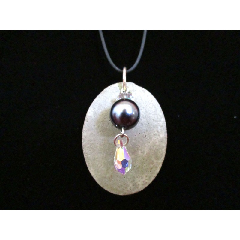 Necklace, pendant with grey waxed beads / Swarovski on concrete pad
