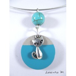 Round necklace gray / blue concrete, pearl turquoise, silver cat, rigid neck gray