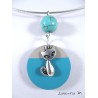 Collier béton rond peint bleu, chat argent et perle turquoise, ras de cou rigide gris