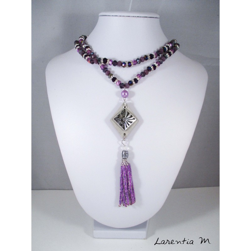 Gray Bohemian crystal beads necklace, rectangle concrete