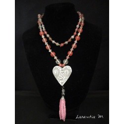Pink and white stone beads necklace, white relief heart, silver love pendant
