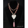 Pink and white stone beads necklace, white relief heart, silver love pendant