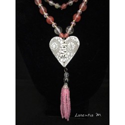 Pink and white stone beads necklace, white relief heart, silver love pendant