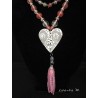 Pink and white stone beads necklace, white relief heart, silver love pendant