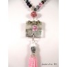 Collier perles cristal Bohème noires et vertes irisées, pendentif béton carré avec lune argentée, shamballa et pompon.