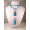 Collier perles verre et cristal turquoise, rocaille argent