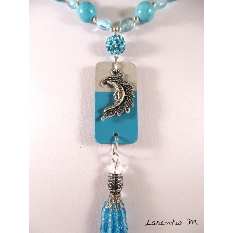 Colliers perles verre et cristal turquoise, rocaille argent, pendentif béton rectangle, lune argentée, pompon perles turquoise