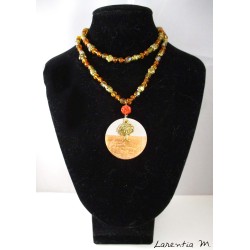 Collier perles cristal Bohême et verre orange, perles métal