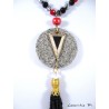 Necklace red and black Bohemian crystal beads, round granite pendant