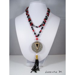 Collier perles cristal Bohême rouges et noires, pendentif granit rond
