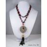 Necklace red and black Bohemian crystal beads, round granite pendant