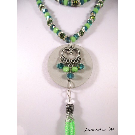 Necklace crystal green Bohemian beads, rhinestones, round concrete pendant