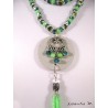 Necklace crystal green Bohemian beads, rhinestones, round concrete pendant