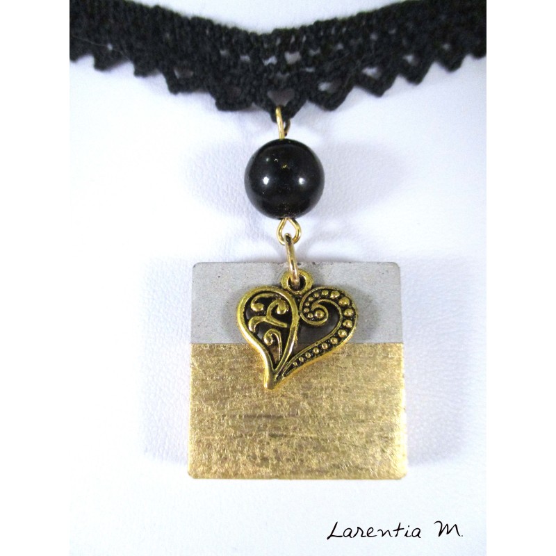 Lace necklace, square gilded concrete, gold heart and black pearl