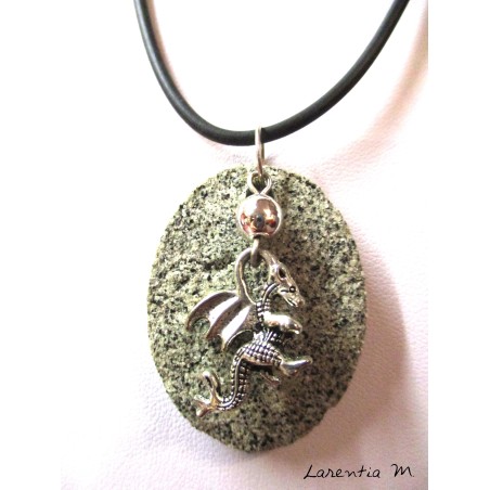 Oval granite necklace with silver dragon pendant